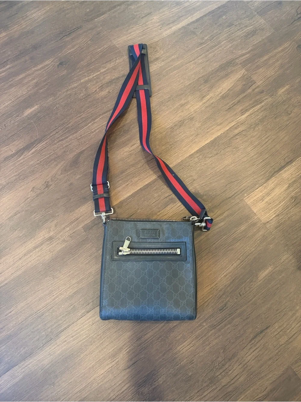 Gucci Black Monogram Crossbody with Red and Blue Web Strap